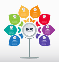Business presentation or infographics concept with 8 options. The chart in the shape of a flower. Info graphic of technology or education process with eight steps. Vector.