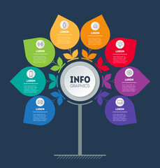 Business presentation or infographics concept with 8 options. The chart in the shape of a flower. Info graphic of technology or education process with eight steps. Tree.