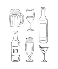 Vector set bundle of black hand drawn doodle sketch different alcohol bottles and glasses isolated on white background
