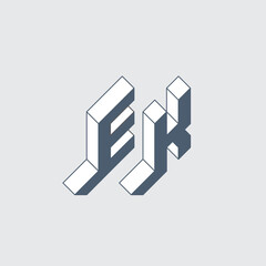 EK - 2-letter code. E and K - Monogram or logotype. Isometric 3d font for design. Volume alphabet. Three-dimension letters.