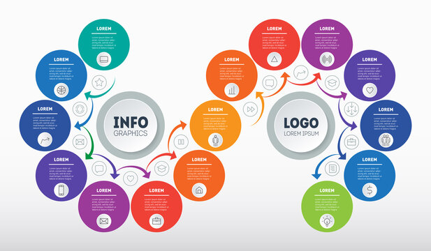 Business presentation or info graphics with 15 steps. Technological or education process. Template of Annual report is segmented into Fifteen parts, with arrows. Step-by-step path to success.