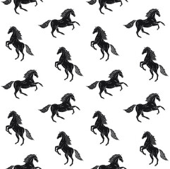 Vector seamless pattern of hand drawn doodle sketch running black horse isolated on white background