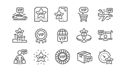 Vip line icons set. Casino chips, Certificate, delivery parcel. Very important person, player table, vip buyer icons. Crown, casino ticket, business class flight. Membership privilege. Vector