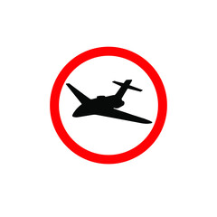 Obraz premium Vector black airplane plane silhouette in red circle isolated on white background. Coronavirus pandemic quarantine no flight permission