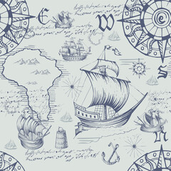 Vector abstract seamless pattern on the theme of travel, adventure and discovery. Vintage repeating background with hand-drawn sailboats, map, anchors and sea monsters.