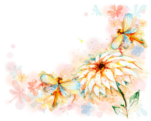 Vector warm summer greeting background with beautiful watercolor flying orange dragonflies and lily flower
