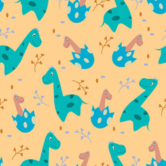 Cute seamless pattern with dinosaurs, happy dino. Background with dinosaurs. Baby pattern with dinosaurs.