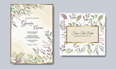 Obraz na płótnie Canvas Elegant wedding invitations card template with floral and leaves Premium Vector