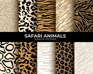 Animal fur print seamless patterns, leopard, tiger and zebra seamless backgrounds, vector abstract texture. African animals fur, jungle camouflage skin hair patterns, simple flat brown, beige set - 354168964