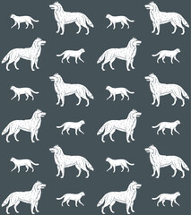 Vector seamless pattern of white hand drawn doodle sketch cats and dogs isolated on graybackground