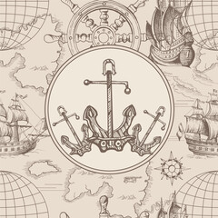 Vector abstract seamless pattern on the theme of travel, adventure and discovery. Vintage repeating background with hand-drawn sailboats, map, anchors and sea monsters.
