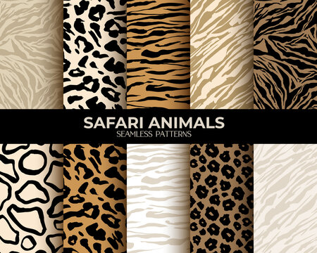 Animal fur print seamless patterns, leopard, tiger and zebra seamless backgrounds, vector abstract texture. African animals fur, jungle camouflage skin hair patterns, simple flat brown, beige set
