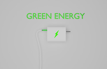 Green energy ecological phone charger with cable. 3D render visualisation. 