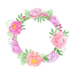 Fototapeta premium Watercolor peonies flowers frame, round floral wreath with pink peony flowers and green leaves. Botanical illustration, template for wedding invitation