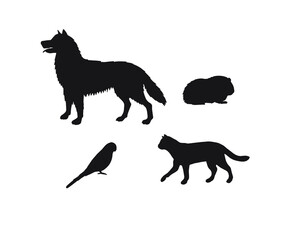 Vector set bundle of black sketch pets animals silhouette isolated on white background