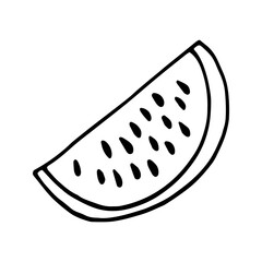 Single element of watermelon slice in doodle summer set. Hand drawn vector illustration for greeting cards, posters, stickers and seasonal design.