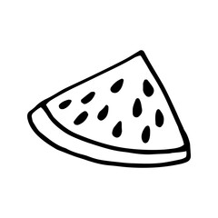 Single element of watermelon slice in doodle summer set. Hand drawn vector illustration for greeting cards, posters, stickers and seasonal design.