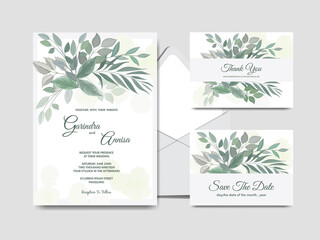 Wedding invitation card template set with tropical leaves decoration Premium Vector