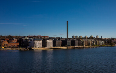 April 22, 2018 Stockholm, Sweden. High-rise modern residential buildings on the high coast of the Baltic Sea in Stockholm
