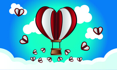 Red and white heart shaped balloon flying over clouds