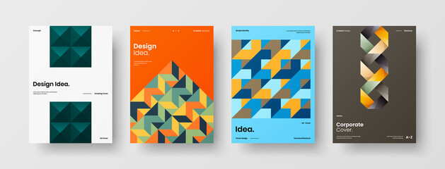 Fototapeta premium Company identity brochure template collection. Business presentation vector A4 vertical orientation front page mock up set. Corporate report cover abstract geometric illustration design layout bundle.