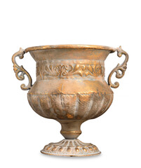 Antique bronze vase with scratches and shabby, isolated on a white background, for home decor.
