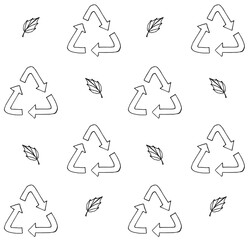 Vector seamless pattern of hand drawn doodle sketch recycle reuse eco symbol and leaves isolated on white background