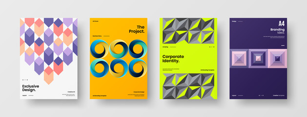 Company identity brochure template collection. Business presentation vector A4 vertical orientation front page mock up set. Corporate report cover abstract geometric illustration design layout bundle.