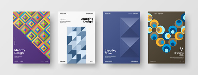 Fototapeta premium Company identity brochure template collection. Business presentation vector A4 vertical orientation front page mock up set. Corporate report cover abstract geometric illustration design layout bundle.