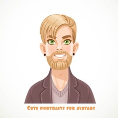 Cute bearded blond men with tunnels in the ears in a casual pullover portrait for avatar isolated on a white background