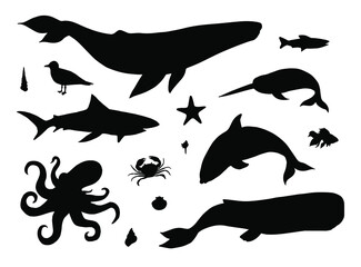 Vector set bundle of black hand drawn doodle sketch sea animals and fish silhouette isolated on white background