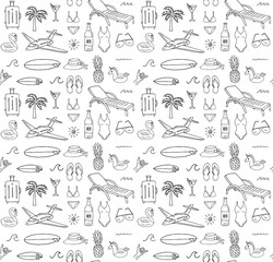 Vector seamless pattern of black hand drawn sketch travel doodles isolated on white background