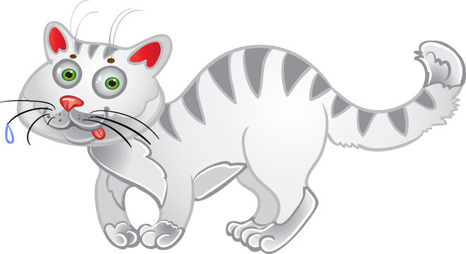 Cartoon white fun cat isolated on a white background