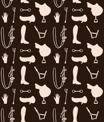 Vector seamless pattern of beige hand drawn doodle sketch equestrian horse riding equipment silhouette isolated on brown background