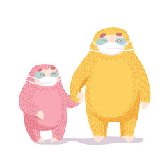 cute cartoon sloth mom and baby in medical face masks. coronavirus quarantine. colorful vector illustration