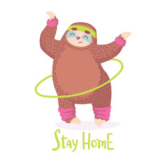cute cartoon sloth with hula hoop in aerobics 80s clothing.animal vector illustration
