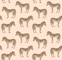 Vector seamless pattern of brown hand drawn doodle sketch zebra isolated on beige background
