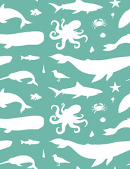 Fototapeta na wymiar Vector seamless pattern of white hand drawn doodle sketch sea animals and fish silhouette isolated on mint green background