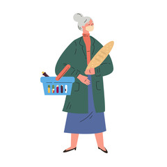 Coronavirus pandemic.Old woman shopping during quarantine in a protective mask.Mature woman in a trench coat with groceries and basket.Colorful character.Vector illustration in flat style.