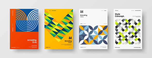 Obraz premium Company identity brochure template collection. Business presentation vector A4 vertical orientation front page mock up set. Corporate report cover abstract geometric illustration design layout bundle.