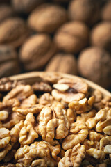 Fresh walnut kernels  in a bowl and blurred whole walnuts in background. Healthy organic food, BIO viands, natural background. Copy space for your advertising text message