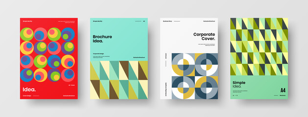 Fototapeta premium Company identity brochure template collection. Business presentation vector A4 vertical orientation front page mock up set. Corporate report cover abstract geometric illustration design layout bundle.