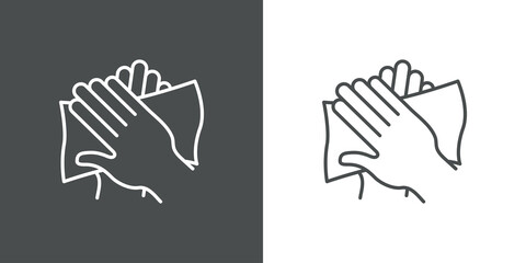 Higiene de manos. Icono plano lineal lavarse las manos con toalla húmeda en fondo gris y fondo blanco