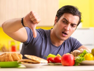 Man having hard choice between healthy and unhealthy food