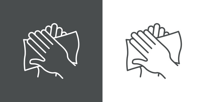 Higiene de manos. Icono plano lineal lavarse las manos con toalla h&uacute;meda en fondo gris y fondo blanco