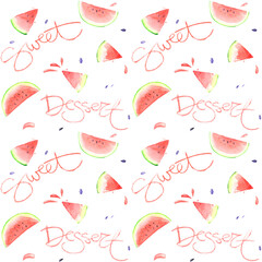 Watermelon summer slice piece splashing juice sweet red bright dessert calligraphy lettering white background watercolor pattern repeating