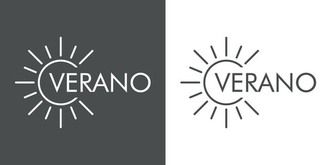 Concepto de vacaciones y viajes. Logotipo lineal sol con texto VERANO en fondo gris y fondo blanco