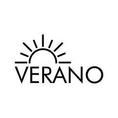 Concepto de vacaciones y viajes. Logotipo lineal sol con texto VERANO en color negro	