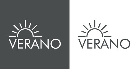 Naklejka premium Concepto de vacaciones y viajes. Logotipo lineal sol con texto VERANO en fondo gris y fondo blanco