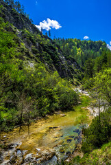 Fototapeta na wymiar Clear And Wild Mountain River In Green Canyon In Ötschergräben In Austria